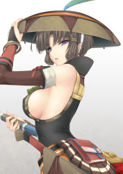 1girl bare_shoulders bracelet breasts brown_hair capcom elbow_gloves female_focus fingerless_gloves gloves hat jewelry kizuki_aruchu large_breasts monster_hunter monster_hunter_(series) monster_hunter_portable_3rd open_mouth pouch purple_eyes short_hair sideboob simple_background solo sword weapon yukumo_(armor)