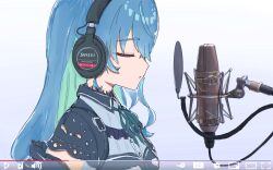 Rule 34 | 1girl, :o, blue hair, cable, character name, choker, closed mouth, colored inner hair, fake screenshot, from side, hair down, headphones, hololive, hoshimachi suisei, hoshimachi suisei (streetwear), long hair, mangotaingo, microphone, multicolored hair, music, neck ribbon, parted lips, play button, ribbon, singing, solo, upper body, virtual youtuber
