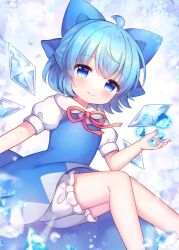 1girl ahoge bare_legs bloomers blue_bow blue_dress blue_eyes blue_hair blush bow cirno cirno_day closed_mouth coa_(chroo_x) collared_dress commentary_request dress feet_out_of_frame hair_bow half_updo ice ice_wings invisible_chair looking_at_viewer puffy_short_sleeves puffy_sleeves red_ribbon ribbon short_hair short_sleeves sitting smile snowflakes solo touhou underwear white_bloomers wings