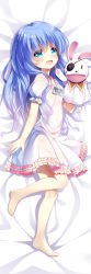 Rule 34 | 1girl, :d, arm at side, barefoot, blue eyes, blue hair, blue ribbon, blush, child, commentary request, dakimakura (medium), date a live, dress, eyepatch, frilled dress, frills, full body, hair between eyes, hand puppet, head tilt, long hair, looking at viewer, lying, nightgown, on side, open mouth, puffy short sleeves, puffy sleeves, puppet, ribbon, short sleeves, smile, solo, very long hair, white dress, xia xiang (ozicha), yoshino (date a live), yoshinon