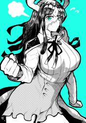 Rule 34 | 1girl, absurdres, blue eyes, blush, breasts, cape, clenched hand, collared shirt, commentary, covered mouth, cowboy shot, glaring, greyscale, greyscale with colored background, highres, horns, large breasts, blue background, long hair, long sleeves, looking at viewer, mask, miniskirt, monochrome, mouth mask, neck ribbon, one piece, pout, ribbed shirt, ribbon, shirt, shirt tucked in, simple background, skirt, solo, standing, sweatdrop, ulti (one piece), v-shaped eyebrows, wing collar, yotsumi shiro