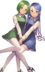 Rule 34 | 2girls, absurdres, akimoto komachi, arm around waist, blue dress, blue eyes, blue footwear, blue hair, bob cut, brooch, casual, closed mouth, commentary request, dress, dress shirt, dutch angle, garter straps, green dress, green eyes, green footwear, green hair, high heels, highres, holding hands, interlocked fingers, jewelry, jj (ssspulse), long sleeves, looking at another, matching outfits, minazuki karen, multiple girls, pantyhose, parted lips, pinafore dress, precure, shirt, short dress, side-by-side, simple background, sleeveless, sleeveless dress, smile, standing, standing on one leg, striped clothes, striped thighhighs, swept bangs, thighhighs, vertical-striped clothes, vertical-striped thighhighs, white background, white shirt, white thighhighs, wing brooch, yes! precure 5