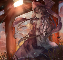 Rule 34 | 1girl, ascot, bow, brown eyes, brown hair, day, detached sleeves, hair bow, hair tubes, hakurei reimu, highres, inaresi, leaning back, light rays, long hair, looking at viewer, nontraditional miko, outdoors, red bow, red skirt, ribbon-trimmed sleeves, ribbon trim, shirt, skirt, skirt set, sleeveless, sleeveless shirt, solo, sunbeam, sunlight, torii, touhou, wide sleeves, wind