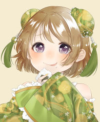 Rule 34 | 1girl, :p, absurdres, artist name, artist request, bare shoulders, blush, breasts, brown hair, china dress, chinese clothes, close-up, double bun, dress, female focus, floral print, flower print, food, food on face, green dress, hair between eyes, hair bun, highres, holding, holding food, koizumi hanayo, long sleeves, looking at viewer, love live!, love live! school idol festival, love live! school idol project, nail, nail polish, onigiri, orange nails, parted lips, purple eyes, short hair, sleeves past fingers, sleeves past wrists, smile, solo, tongue, tongue out, upper body