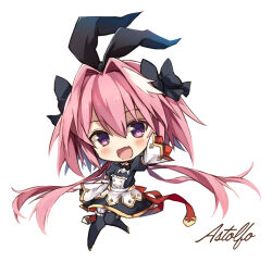 Rule 34 | 1boy, animal ears, astolfo (fate), astolfo (saber) (fate), astolfo (saber) (third ascension) (fate), black bow, black bowtie, black gloves, black pantyhose, blush, bow, bowtie, character name, chibi, dress, fake animal ears, fang, fate/grand order, fate (series), gloves, gold trim, hair between eyes, hair bow, hair intakes, leg up, long hair, male focus, multicolored hair, open mouth, pantyhose, pink hair, purple eyes, rabbit ears, red ribbon, ribbon, riia, simple background, skin fang, solo, streaked hair, trap, twintails, two-tone hair, very long hair, white background, white hair, wide sleeves