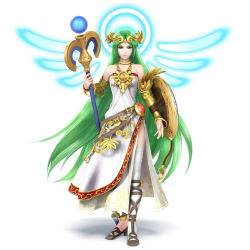 Rule 34 | 1girl, green eyes, green hair, highres, jewelry, kid icarus, kid icarus uprising, long hair, lots of jewelry, matching hair/eyes, nintendo, official art, palutena, shield, single thighhigh, smile, solo, staff, super smash bros., thighhighs, very long hair