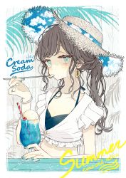 Rule 34 | 1girl, akakura, blue eyes, blush, breasts, brown hair, cleavage, cloud, cup, drink, drinking glass, drinking straw, earrings, eyelashes, food, frilled sleeves, frills, hat, highres, holding, holding spoon, ice cream, ice cream float, jewelry, long hair, nail polish, original, palm tree, ponytail, sky, soda, solo, spoon, straw hat, sun hat, tree, upper body, utensil in mouth