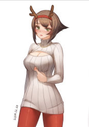 Rule 34 | 10s, 1girl, antlers, blush, breasts, brown hair, cleavage cutout, clothes pull, clothing cutout, female focus, green eyes, hairband, horns, jewelry, kantai collection, large breasts, looking at viewer, meme attire, mutsu (kancolle), naughty face, necklace, open-chest sweater, open mouth, pantyhose, qingmingtongzi, reindeer antlers, shirt pull, short hair, solo, sweater, underboob cutout