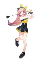 Rule 34 | 1girl, :d, atelier (series), atelier lydie &amp; suelle, bare shoulders, black footwear, black skirt, commentary request, earrings, eyewear on head, full body, hands up, jewelry, long hair, looking at viewer, minna no golf, noco (adamas), official alternate costume, official art, open mouth, pink eyes, pink hair, second-party source, shirt, shoes, simple background, skirt, smile, solo, standing, standing on one leg, suelle malen, sunglasses, swinging, white background, yellow shirt