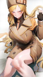 1girl absurdres black_gloves black_shirt blonde_hair blue_eyes blush breasts brown_coat coat collared_shirt fingerless_gloves fur_hat gloves guilty_gear guilty_gear_strive hat highres large_breasts long_hair long_sleeves looking_at_viewer millia_rage rororo shirt sitting solo thighs ushanka