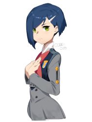 Rule 34 | 10s, 1girl, absurdres, bad id, bad twitter id, blue hair, closed mouth, darling in the franxx, from side, green eyes, hair ornament, hair over one eye, hairclip, hands on own chest, highres, ichigo (darling in the franxx), lolisystem, looking at viewer, pout, short hair, solo, uniform