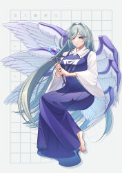 Rule 34 | 1girl, absurdres, angel wings, barefoot, blue dress, blue eyes, dress, full body, grey hair, guumin, highly responsive to prayers, highres, holding, holding wand, long hair, long sleeves, open mouth, sariel (touhou), solo, touhou, touhou (pc-98), wand, white wings, wide sleeves, wings