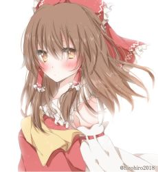 Rule 34 | 1girl, blush, bow, brown eyes, brown hair, closed mouth, detached sleeves, frilled bow, frills, hair between eyes, hair bow, hair tubes, hakurei reimu, hiro (hirohiro31), looking at viewer, nontraditional miko, red bow, ribbon-trimmed sleeves, ribbon trim, simple background, solo, touhou, twitter username, upper body, white background