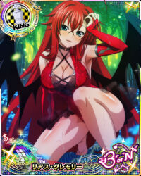 Rule 34 | 1girl, ahoge, armpits, blue eyes, breasts, bridal gauntlets, card (medium), character name, chess piece, choker, cleavage, collarbone, demon girl, demon wings, hair between eyes, high school dxd, high school dxd born, huge ahoge, king (chess), kneeling, large breasts, long hair, looking at viewer, one-piece swimsuit, red hair, rias gremory, smile, solo, swimsuit, very long hair, wings