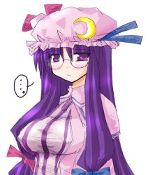 Rule 34 | 1girl, arayama reiichi, bespectacled, bow, breasts, crescent, covered erect nipples, female focus, glasses, hat, long hair, patchouli knowledge, pink bow, purple eyes, purple hair, solo, touhou