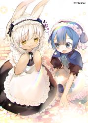 Rule 34 | 1boy, 1girl, :3, :d, alternate costume, apron, atsumi jun, blue eyes, blue hair, blush, capelet, enmaided, furry, long hair, looking at another, made in abyss, maid, maid apron, maid headdress, maruruk, nanachi (made in abyss), nervous smile, open mouth, pouch, puffy short sleeves, puffy sleeves, short sleeves, signature, silver hair, sitting, smile, sweatdrop, trap, whiskers, yellow eyes