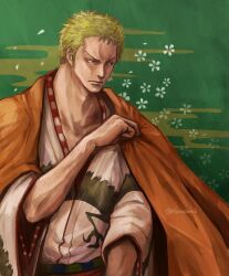 Rule 34 | 1boy, alternate costume, artist name, black eyes, closed mouth, commentary request, earrings, green hair, highres, japanese clothes, jewelry, male focus, one piece, roronoa zoro, short hair, single earring, solo, torapunch, twitter username