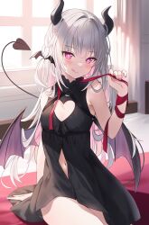 Rule 34 | 1girl, :q, arm support, bat hair ornament, bed, bedroom, black dress, blush, braid, breasts, buttons, cleavage cutout, clothing cutout, commentary, curtains, demon, demon tail, demon wings, dress, hair ornament, heart, heart-shaped pupils, heart cutout, highres, hitsukuya, horns, indoors, long hair, looking at viewer, nail polish, navel, on bed, original, pink eyes, red ribbon, ribbon, sitting, sleeveless, sleeveless dress, small breasts, solo, symbol-shaped pupils, tail, tongue, tongue out, unbuttoned dress, window, wings