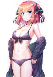 Rule 34 | 1girl, :t, absurdres, bare shoulders, bikini, black bikini, black cardigan, blue eyes, blunt bangs, blush, breasts, cardigan, cleavage, closed mouth, collarbone, front-tie top, go-toubun no hanayome, hair ornament, hair ribbon, halterneck, highres, long sleeves, looking at viewer, medium breasts, nakano nino, navel, off shoulder, pout, red hair, ribbon, simple background, solo, standing, stomach, sunhyun, swimsuit, white background