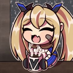 Rule 34 | 1girl, :d, absurdres, bandaid, bandaid on cheek, bandaid on face, blonde hair, blush stickers, chibi, coat, coffee mug, cup, fang, gloves, goddess of victory: nikke, highres, laplace (nikke), long hair, mug, open mouth, sidelocks, skin fang, smile, solo, twintails, virgate, white coat