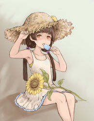 Rule 34 | 10s, 1girl, amayadori machi, bad id, bad pixiv id, beige background, brown hair, canc@airhead, canc (carinacan), dress, eating, flower, food, hair ornament, hat, highres, hot, kumamiko, long hair, open mouth, orange eyes, popsicle, sitting, solo, star (symbol), star hair ornament, straw hat, sundress, sunflower, twintails