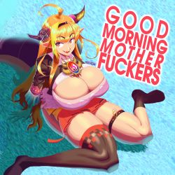 Rule 34 | 1girl, ahoge, anklet, black jacket, blue background, bra, breasts, catchphrase, chain, cleavage, cleavage cutout, clothing cutout, dragon horns, dragon tail, hardkoba, highres, hololive, horns, huge breasts, jacket, jewelry, kiryu coco, long hair, looking to the side, medallion, open mouth, orange hair, pointy ears, red eyes, red skirt, ribbon, ruffled shirt, shirt, shoes, skirt, smile, socks, solo, tail, thighhighs, thighs, tooth, underwear, virtual youtuber, white bra, white shirt