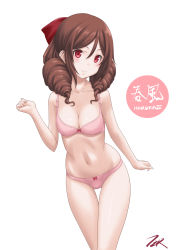 Rule 34 | 1girl, artist logo, bow, bra, breasts, brown hair, character name, drill hair, hair bow, harukaze (kancolle), highres, kantai collection, leaning forward, looking at viewer, navel, panties, pink bra, pink panties, red bow, red eyes, simple background, small breasts, solo, t2r, twin drills, underwear, underwear only, white background