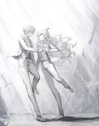 Rule 34 | 1boy, 1girl, absurdres, belt, carol0905, closed eyes, couple, dancing, formal, greyscale, hair bun, highres, holding hands, interlocked fingers, jacket, library of ruina, light, long hair, long sleeves, looking at another, lowell (project moon), monochrome, necktie, open clothes, open jacket, open mouth, pants, planted, planted sword, planted weapon, project moon, shirt, short hair, single hair bun, smile, suit, sword, weapon, xiao (project moon)