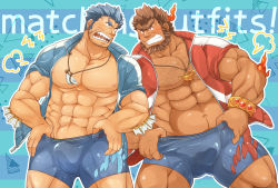 Rule 34 | 2boys, abs, bara, bare pectorals, blue eyes, blue hair, blue jacket, blue male swimwear, blush, brown hair, bulge, chest hair, commentary request, dark-skinned male, dark skin, erection, erection under clothes, facial hair, fins, fire, fish boy, hand under clothes, highres, jacket, jewelry, jinn (housamo), kontahsm, lamp, large pectorals, leg hair, long sideburns, male focus, male swimwear, mature male, multiple boys, muscular, muscular male, navel, navel hair, necklace, nipples, open clothes, open jacket, pectorals, red jacket, sharp teeth, shell, shell necklace, short hair, sideburns, stomach, stubble, swim briefs, teeth, thick eyebrows, thick thighs, thighs, tokyo houkago summoners, track jacket, triton (housamo), unibrow