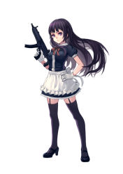 Rule 34 | 1girl, apron, bow, fkey, full body, garter straps, gloves, gun, h&amp;k mp5, hand on own hip, heckler &amp; koch, highres, long hair, looking at viewer, maid, maid apron, original, purple eyes, purple hair, simple background, skirt, solo, standing, submachine gun, thighhighs, weapon, white background, white gloves, zettai ryouiki
