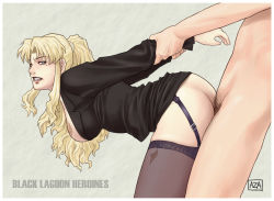 Rule 34 | 1boy, 1girl, arm grab, artist name, azasuke, balalaika (black lagoon), bent over, black lagoon, blonde hair, blue eyes, bottomless, business suit, clenched teeth, clothed female nude male, clothes lift, formal, garter belt, hetero, highres, long hair, mole, nude, ponytail, pubic hair, scar, sex, skirt, skirt lift, suit, sweat, teeth, text focus, thighhighs, vaginal