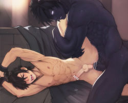 Rule 34 | 2boys, abs, anal, ass juice, black hair, chain, colored skin, dark-skinned male, dark skin, demon, drooling, erection, evil grin, evil smile, glowing, glowing eyes, grin, highres, interspecies, leg lift, male penetrated, multiple boys, muscular, nagisa no tsuki, nipples, nude, penis, pubic hair, purple skin, red eyes, restrained, saliva, sex, size difference, smile, white eyes, yaoi