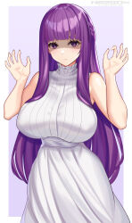 Rule 34 | 1girl, absurdres, barefoot, blunt bangs, breasts, dress, fern (sousou no frieren), hands up, highres, large breasts, nez-box, paid reward available, purple eyes, purple hair, shaded face, sleeveless, sleeveless dress, solo, sousou no frieren, variant set, white dress