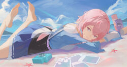 Rule 34 | 1girl, absurdres, barefoot, beach, blue eyes, blue skirt, blue sky, cloud, cloudy sky, feet, feet up, highres, honkai: star rail, honkai (series), looking at viewer, lycsakd, lying, march 7th (honkai: star rail), multicolored eyes, on stomach, outdoors, pink eyes, pink hair, shirt, short hair, skirt, sky, soles, solo, starfish, the pose, toes, water, white shirt