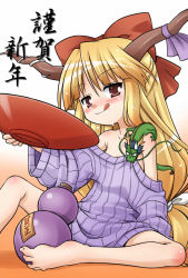 Rule 34 | 1girl, :q, akou roushi, alternate costume, bare shoulders, barefoot, blonde hair, blush, bottomless, bow, child, cup, dragon, eastern dragon, feet, female focus, flat chest, gourd, hair bow, horn ornament, horn ribbon, horns, ibuki suika, indian style, licking lips, long hair, naked sweater, naughty face, new year, no pants, off shoulder, oversized clothes, red eyes, ribbed sweater, ribbon, sakazuki, sitting, smile, solo, spread legs, sweatdrop, sweater, tongue, tongue out, touhou