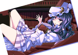 Rule 34 | 1girl, blush, book, book on head, book stack, bookshelf, breasts, commentary request, covered navel, crescent, crescent pin, eruichi (redphantom), hat, holding, holding book, knee up, large breasts, long hair, looking at viewer, lying, mob cap, object on head, on back, open mouth, patchouli knowledge, purple eyes, purple hair, solo, thighs, touhou, very long hair