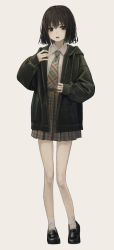 Rule 34 | 1girl, absurdres, black footwear, bob cut, brown hair, brown jacket, brown necktie, brown skirt, collared shirt, commentary request, full body, grey background, hand up, highres, jacket, loafers, long sleeves, looking at viewer, necktie, open clothes, open mouth, original, pantyhose, plaid, plaid necktie, plaid neckwear, plaid skirt, pleated skirt, puffy long sleeves, puffy sleeves, shirt, shirt tucked in, shoes, short hair, simple background, skirt, sleeves past wrists, socks, solo, standing, striped, white shirt, white socks, yoon cook