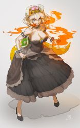 Rule 34 | 1girl, armlet, bare shoulders, black dress, blonde hair, blue eyes, bowsette, bracelet, breasts, breath weapon, breathing fire, cleavage, collar, collarbone, dress, earrings, fingernails, fire, grin, hair between eyes, hair flaps, high heels, highres, horns, jewelry, large breasts, mario (series), new super mario bros. u deluxe, nintendo, shadow, sharp fingernails, sharp teeth, shell, shiba itsuki, signature, skirt hold, smile, solo, spiked armlet, spiked bracelet, spiked collar, spiked tail, spikes, strapless, strapless dress, super crown, tail, teeth, twitter username