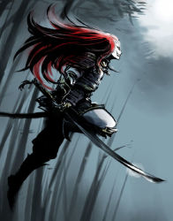 Rule 34 | 1boy, armor, genpei touma den, jumping, male focus, red hair, samurai, solo, sword, taira no kagekiyo, weapon