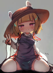 Rule 34 | 1girl, absurdres, blonde hair, blunt bangs, brown headwear, chii (tsumami tsumamare), closed mouth, full body, grey background, highres, long sleeves, looking at viewer, moriya suwako, red eyes, seiza, short hair, simple background, sitting, smile, solo, symbol-shaped pupils, thighhighs, touhou, v, white thighhighs, wide sleeves