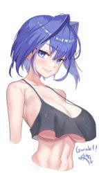 Rule 34 | 1girl, bare shoulders, bikini, black bikini, blue eyes, blue hair, breasts, cleavage, collarbone, crop top, crop top overhang, cropped arms, cropped torso, hair intakes, harry (dudwofla), highres, hololive, hololive english, large breasts, looking at viewer, navel, ouro kronii, parted lips, short hair, signature, simple background, smile, solo, stomach, sweat, swimsuit, toned, underboob, upper body, v-shaped eyebrows, virtual youtuber, white background