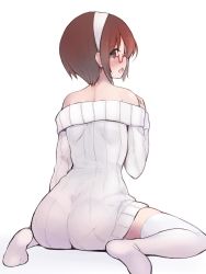 Rule 34 | 1girl, alternate costume, ass, bare shoulders, blush, brown hair, casual, commentary request, d:, dress, from behind, hairband, highres, kantai collection, looking back, natori (kancolle), no shoes, open mouth, pantylines, profile, ribbed sweater, short hair, solo, sumisu (mondo), sweater, sweater dress, thighhighs, white background, white sweater, white thighhighs, zettai ryouiki