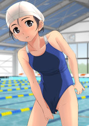 Rule 34 | 1girl, absurdres, adjusting clothes, adjusting swimsuit, black eyes, black hair, blue one-piece swimsuit, blurry, collarbone, commentary request, competition swimsuit, cowboy shot, depth of field, flat chest, gluteal fold, highres, indoors, looking at viewer, one-piece swimsuit, original, parted lips, partially visible vulva, pool, solo, swim cap, swimsuit, takafumi, window