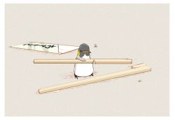 Rule 34 | animal, artist name, bird, border, chai (drawingchisanne), chopsticks, commentary request, grey background, half-split chopsticks, highres, holding, holding chopsticks, no humans, original, penguin