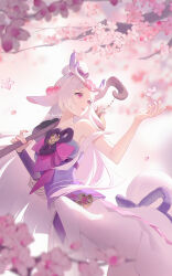 Rule 34 | 1girl, absurdres, animal ears, artist name, asami okutoshioku, branch, cherry blossoms, chinese commentary, cowboy shot, falling flower, fingernails, hair ornament, highres, holding, holding wand, league of legends, lillia (league of legends), long hair, looking to the side, nail polish, outdoors, parted bangs, parted lips, pink eyes, pink nails, single bare shoulder, solo, spirit blossom (league of legends), spirit blossom lillia, standing, tree, wand, white hair