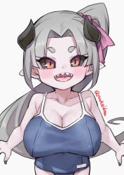 Rule 34 | 1girl, black horns, black sclera, blue one-piece swimsuit, blush, breasts, cleavage, collarbone, colored sclera, commentary request, grey background, grey hair, hair ribbon, highres, horns, jingai modoki, large breasts, long hair, looking at viewer, one-piece swimsuit, open mouth, oppai loli, original, pink ribbon, pointy ears, ponytail, red eyes, ribbon, school swimsuit, sharp teeth, simple background, smile, solo, swimsuit, teeth, twitter username, white background