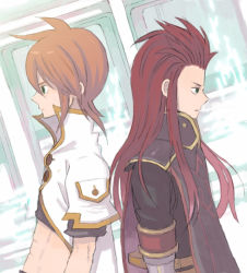 Rule 34 | 00s, 2boys, asch (tales), back-to-back, green eyes, long hair, lowres, luke fon fabre, male focus, multiple boys, red hair, surcoat, tales of (series), tales of the abyss