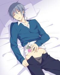 Rule 34 | 10s, 1boy, clothes lift, condom, grey hair, idolmaster, idolmaster side-m, looking at viewer, lying, male focus, mo (nmnme), on back, on bed, open fly, purple eyes, sakaki natsuki, shirt lift, solo, sweat, sweater, undressing