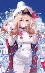 Rule 34 | 1girl, absurdres, blonde hair, blue eyes, blush, breasts, buttons, coat, cowboy shot, double-breasted, epaulettes, gloves, gmg, grin, hands up, hat, highres, jacket, large breasts, long hair, long sleeves, microphone, military hat, military jacket, military uniform, naval uniform, open clothes, open coat, original, pantyhose, peaked cap, short shorts, shorts, sky, smile, solo, thighhighs, uniform, water, white gloves, white pantyhose, white thighhighs