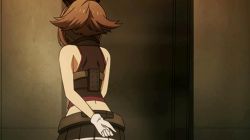 Rule 34 | 10s, 1girl, animated, animated gif, arm behind back, bare shoulders, belt, breasts, brown hair, door, female focus, gloves, hairband, jewelry, kantai collection, large breasts, looking at viewer, midriff, mutsu (kancolle), navel, neck ring, one eye closed, pleated skirt, skirt, sleeveless, smile, solo, standing, talking, white gloves, wink, yellow eyes